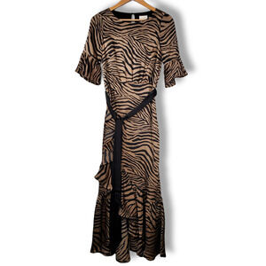 Foxiedox Assymetric Billie Zebra Print Ruffle Dress Tan Black Size Small